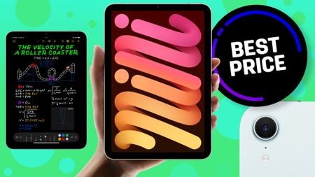 Hand holding iPad mini on bright green background with inset iPad mini and close-up inset iPad mini showing camera. 'Best Price' roundel in background 