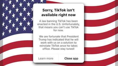 TikTok "ban notice" from January 19 2025, on top of an American flag