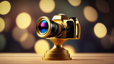 Golden trophy in the shape of a camera on a wooden surface with bokeh balls in the background